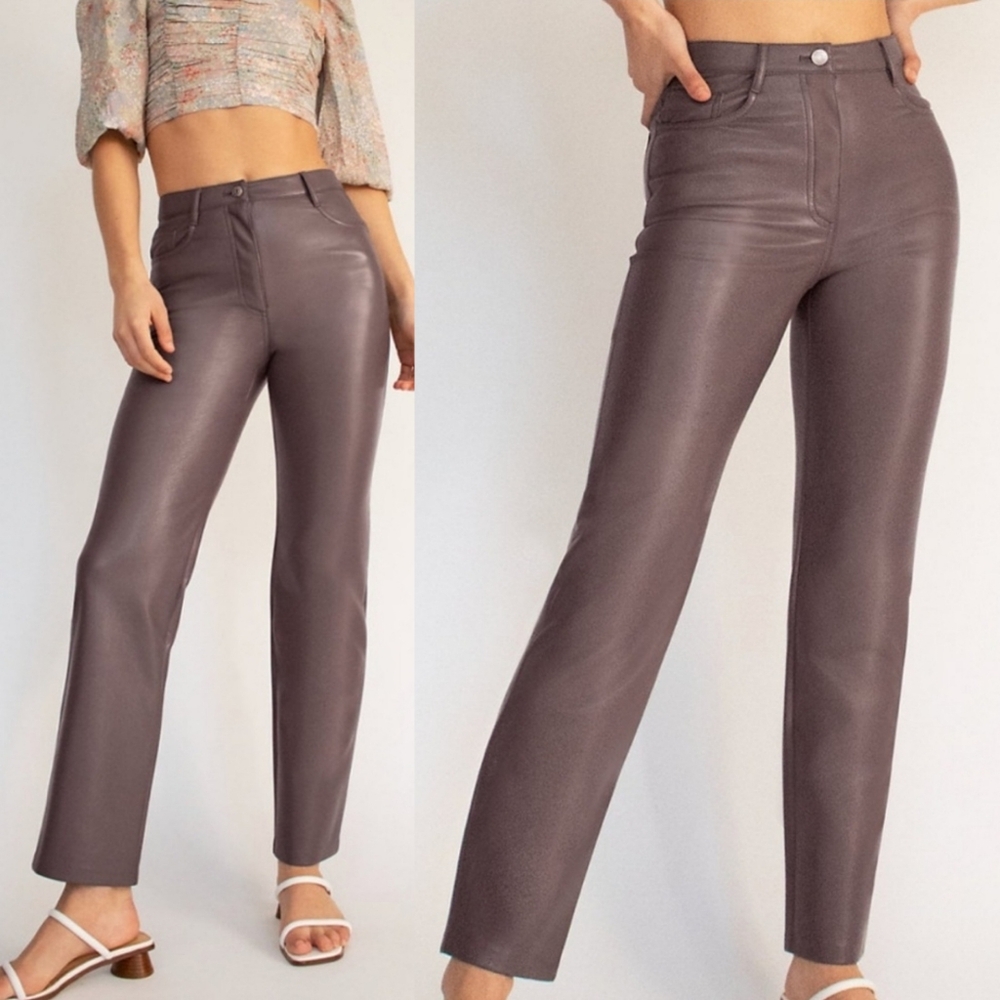NWOT Aritzia Wilfred Melina Vegan Leather Pants Straight Leg Sparrow Taupe Sz 12
